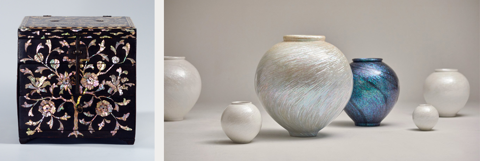   (좌) 나전 칠 구름 봉황 꽃 새 무늬 빗접, 국립중앙박물관  |   (우) 자개를 사용한 류지안 작가의 달항아리, artkabinett