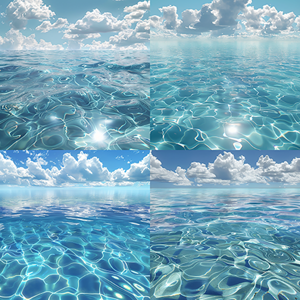 prompt : A vast expanse of clear blue water, with ripples and swirls creating intricate patterns on the surface. Above is a bright sky filled with white clouds, reflecting off the shimmering waters. The scene evokes tranquility and harmony, reminiscent of an ocean view from above. This is a digital illustration, created using Adobe Photoshop in high resolution, with a focus on realism and detail. in the style of .