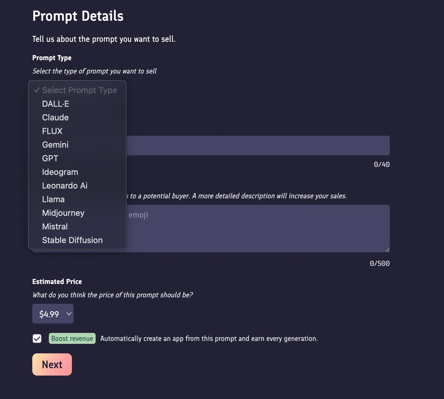 프롬프트베이스 판매시 나오는 화면. 단가를 못올리게 고정되어 있다. 최대 6.99달러.