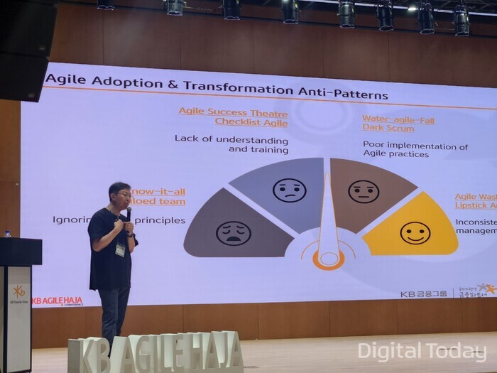 박기은 KB국민은행 테크개발본부장(부행장)이 26일 오후 서울 여의도 KB국민은행 신관에서 열린 애자일 컨퍼런스에서 기조 연설을 하고 있다. [사진: 강진규 기자]