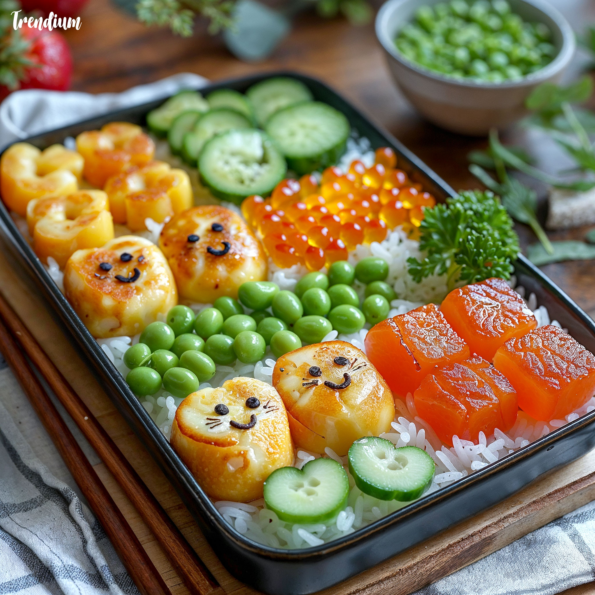 [prompt] kichi style bento box, pastel rice shapes, smiling egg omelet, gummy bear jellies, heart-shaped fruits --v 6 --stylize 1000