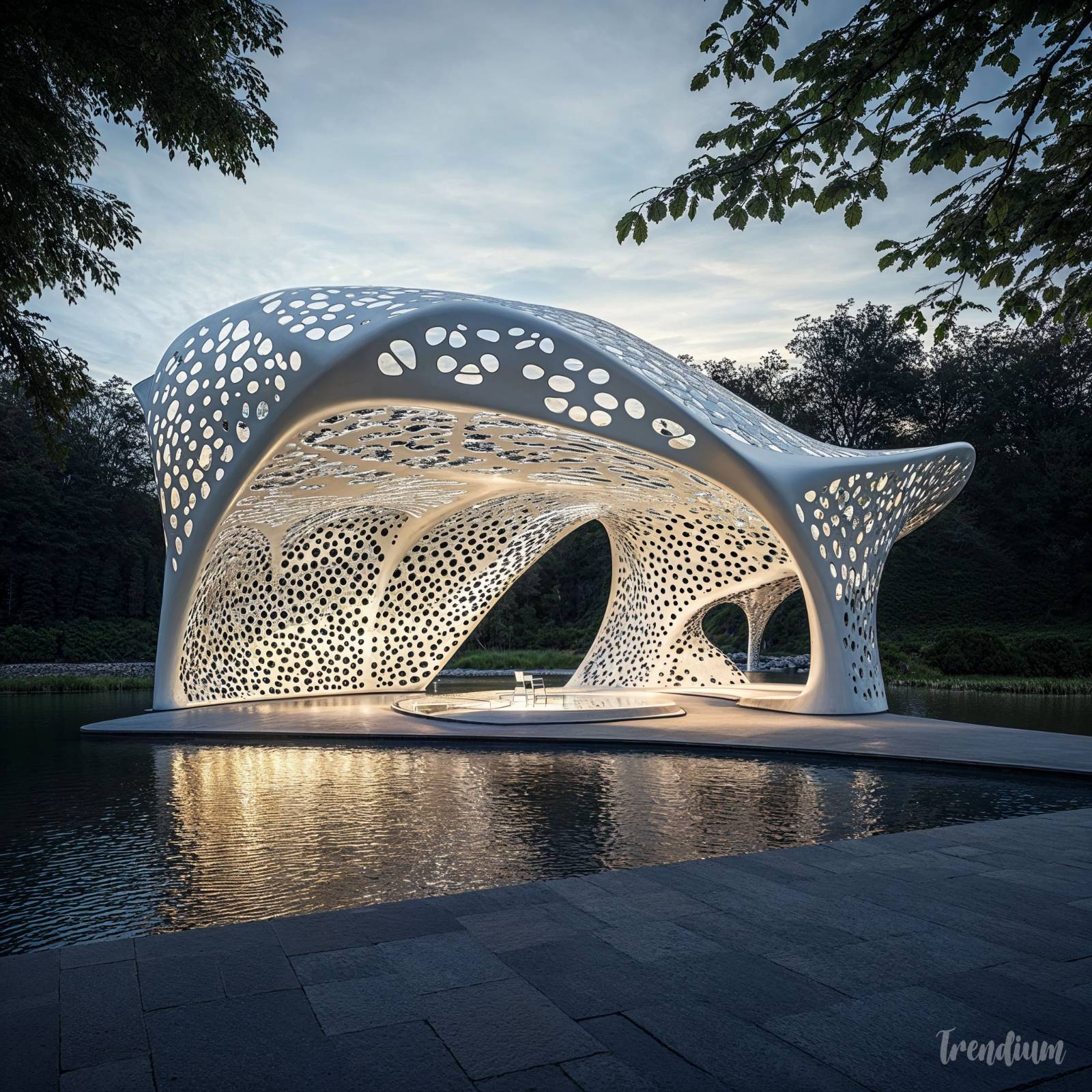 [prompt] An intricate parametric pavilion inspired by natural forms, featuring fluid curves and dynamic patterns, constructed with white lightweight materials and perforated surfaces, located in a serene park environment, glowing softly under evening light, ultra-detailed, high-res architectural visualization