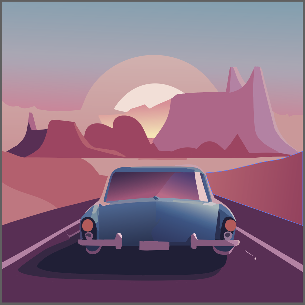 프롬프트: Vintage car on a highway, desert sunset, retro poster design
