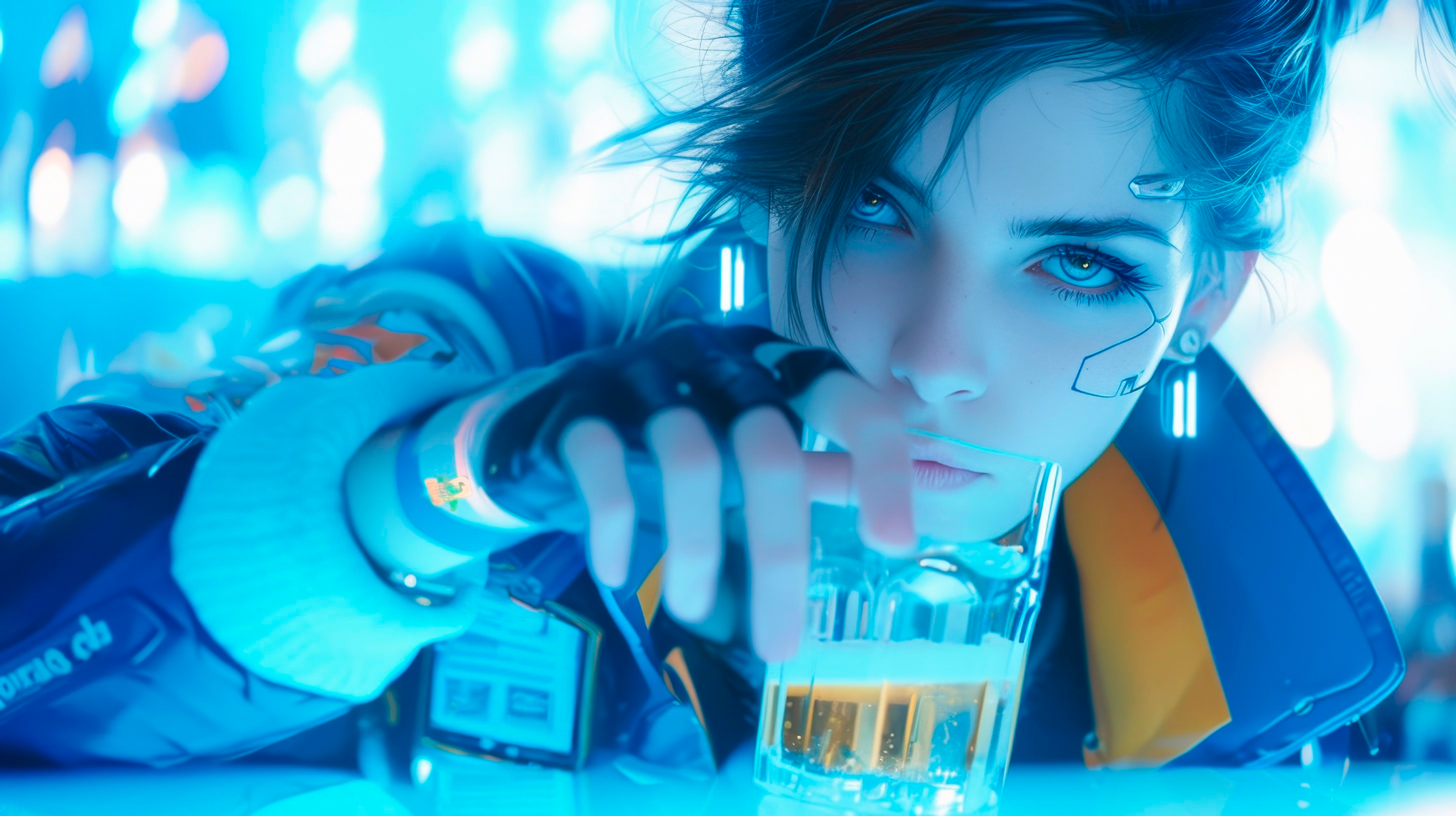 This captivating full length portrait captures a stunning female cyberpunk with amazing detail , in a drinking pose ,in a busy cyberpunk bar. Drinking beer from a pint glass Wearing blue+maroon+yellow+orange meticulously detailed cyberpunk futuristic outfit ,The camera focuses on her expressive eye. The bars neon lighting creates a fast paced atmosphere. The photograph, taken with a Canon EOS 5D Mark IV and a 50mm f/1.4 lens, highlights the contrast between her focus and the high-tech environment. --s 1000 --niji 6 --style raw --ar 16:9