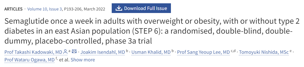 Kadowaki T, et al. Lancet Diabetes Endocrinol. 2022;10(3):193-206. 