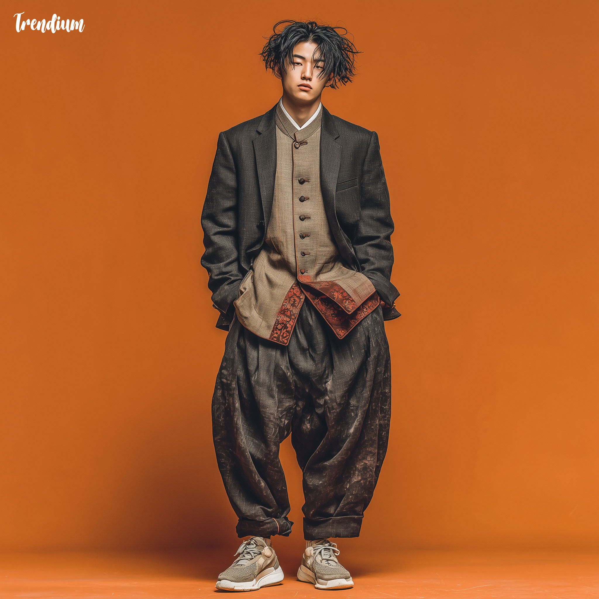 [prompt] editorial photo of a Korean male model in hanbok-inspired school blazer with silk lapels, paired with modern slacks and sneakers, cultural fusion style --v 7 --stylize 400