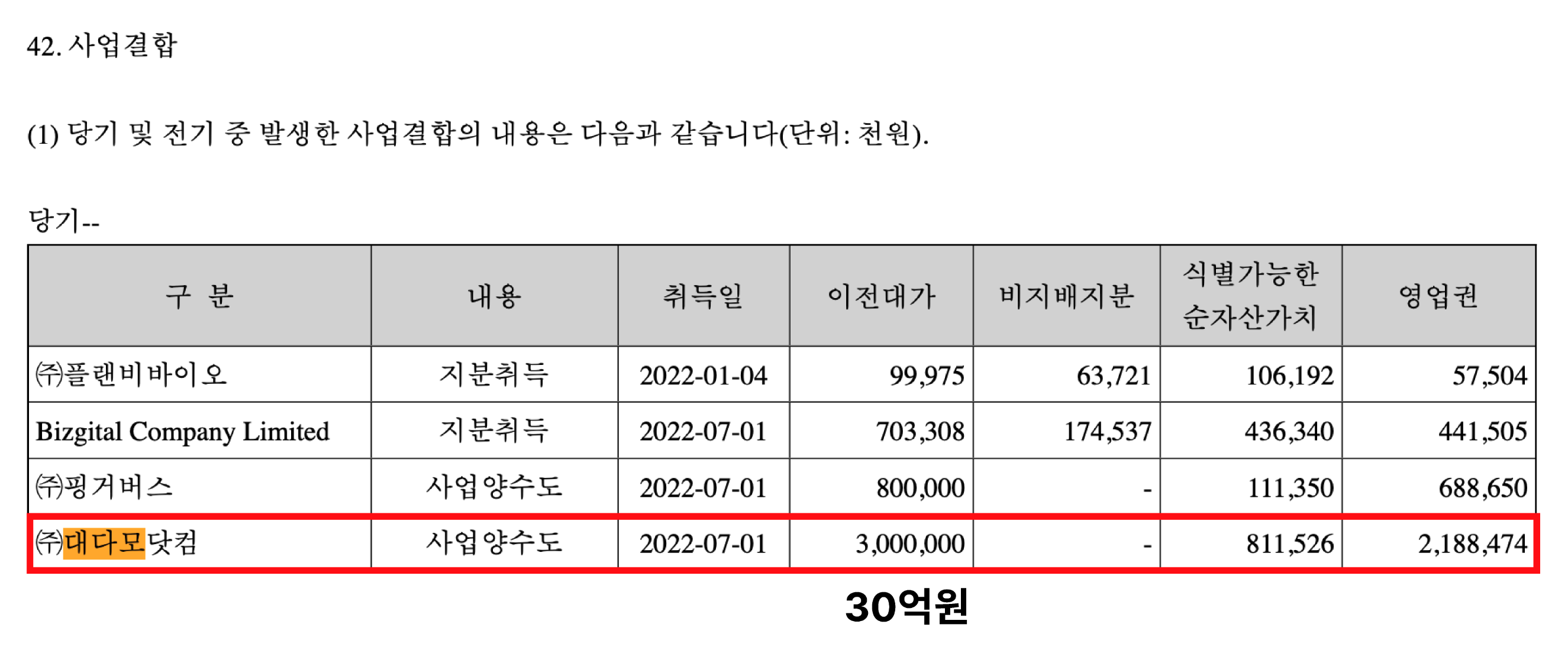 2022년 FSN 사업 보고서. 대다모 닷컴 40%의 지분을 30억원에 구매한 것으로 보인다.