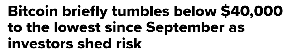 Bitcoin briefly tumbles below $40,000 to lowest since September as investors shed risk (cnbc.com)