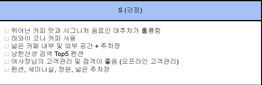 카페의 강점이 공간이 될지는 나도 몰랐다. 하지만 이 카페의 최고 장점은 상당히 넓은 공간이다. 아이러니하게도 넓은 공간이라 관리를 위해 인적, 물적 자원이 더 필요하기에 우리의 분석 전까지는 약점으로만 여겨졌다.