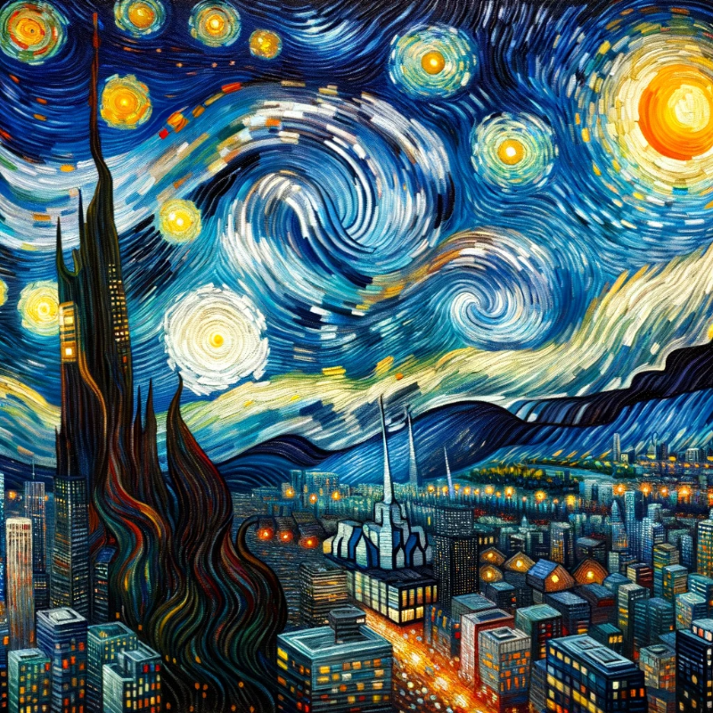 Oil painting in the Expressionist style showcasing a bustling modern city skyline under a swirling starry night. While city lights and skyscrapers dominate the landscape, the characteristic patterns and intense colors of van Gogh&#39;s original are evident, connecting the past with the present.