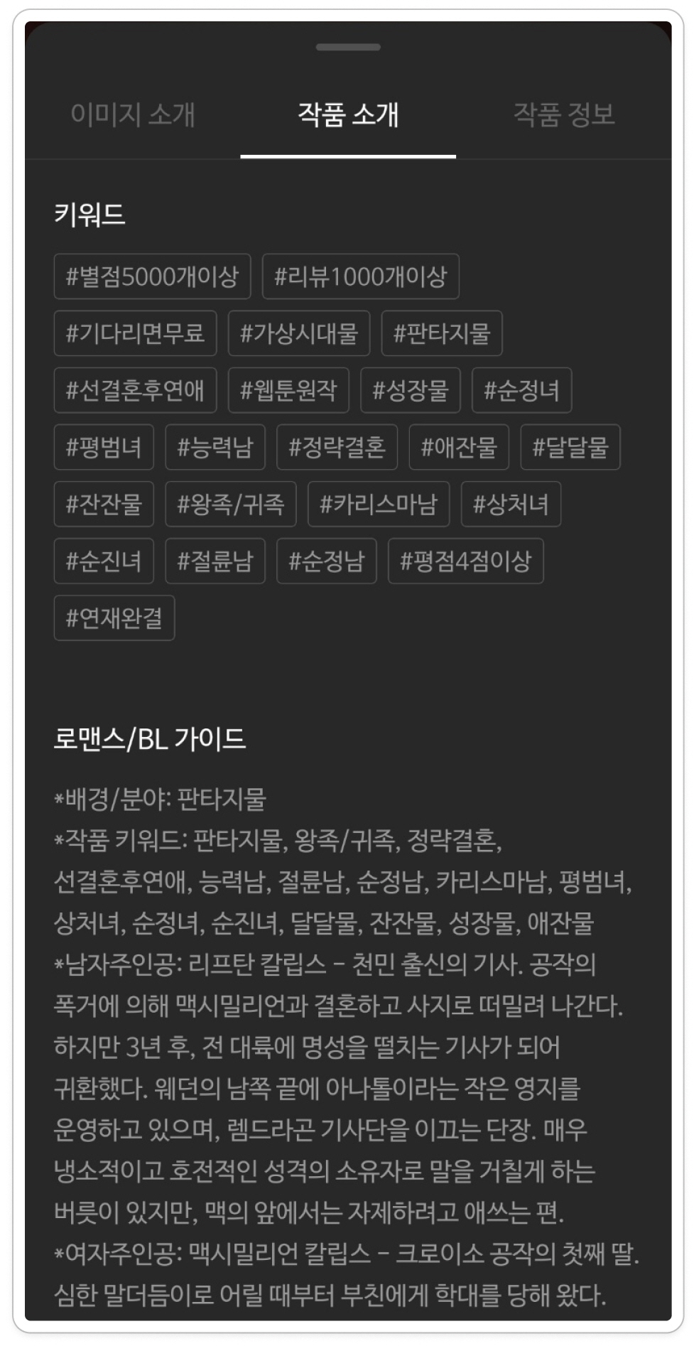 ▲ ‘키워드’는 작품소개 탭의 최상단에 위치하며 작품의 이정표와 같은 역할을 한다