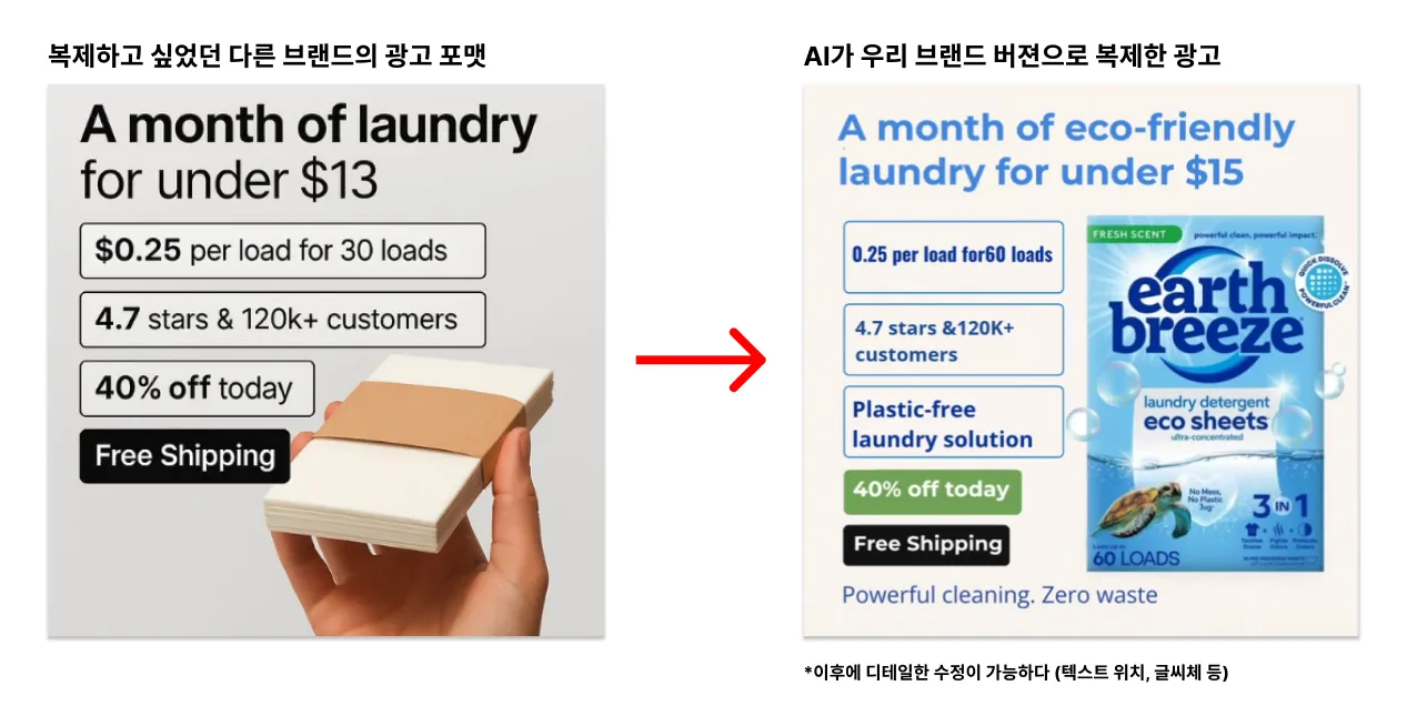 특정 광고를 클릭한 뒤, 복제 버튼을 누르면 우리 브랜드 버젼으로 만들어준다