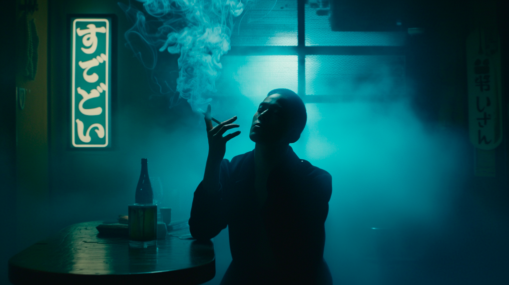 a man is smoking, in the futuristic cocktail bar, with the neon sign of 