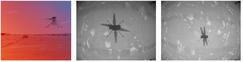 (좌) 인제뉴어티의 비행 상상도입니다. (가운데) 1차 비행에 성공한 인제뉴어티의 그림자입니다. (오른쪽) 고도를 높인 2차 비행 당시 인제뉴어티의 그림자 사진입니다.