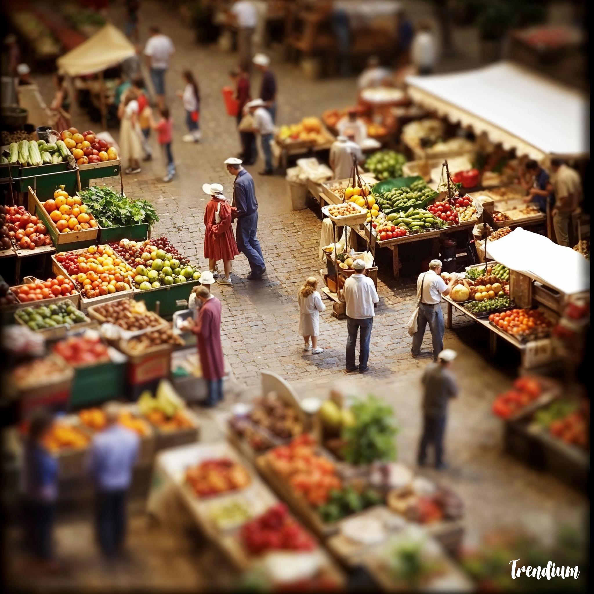 [prompt] Tilt-shift effect on a farmers market, miniature food stalls and tiny shoppers