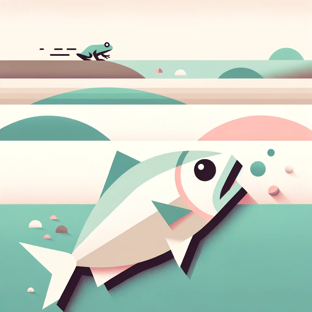Minimalist illustration of a fish gasping for air on a bank, with geometric shapes and pastel shades. Emphasis on negative space to highlight the fish&#39;s struggle. In the background, there&#39;s a hint of the pond and the silhouette of the frog rushing towards the fish.
