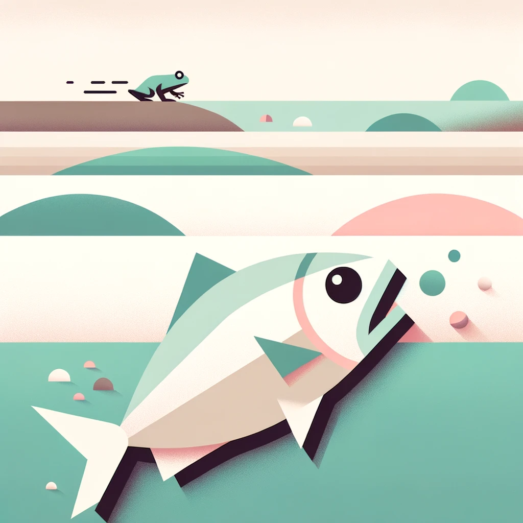 Minimalist illustration of a fish gasping for air on a bank, with geometric shapes and pastel shades. Emphasis on negative space to highlight the fish's struggle. In the background, there's a hint of the pond and the silhouette of the frog rushing towards the fish.