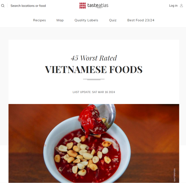 세계의 요리 평가, 소개 사이트인 테이스트 아틀라스의' 최악의 평점받은 베트남요리 45선'기사글