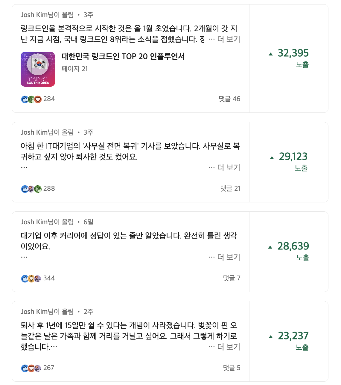 최근 한달간 쓴 글, 조회수가 생각보다 높았어요.