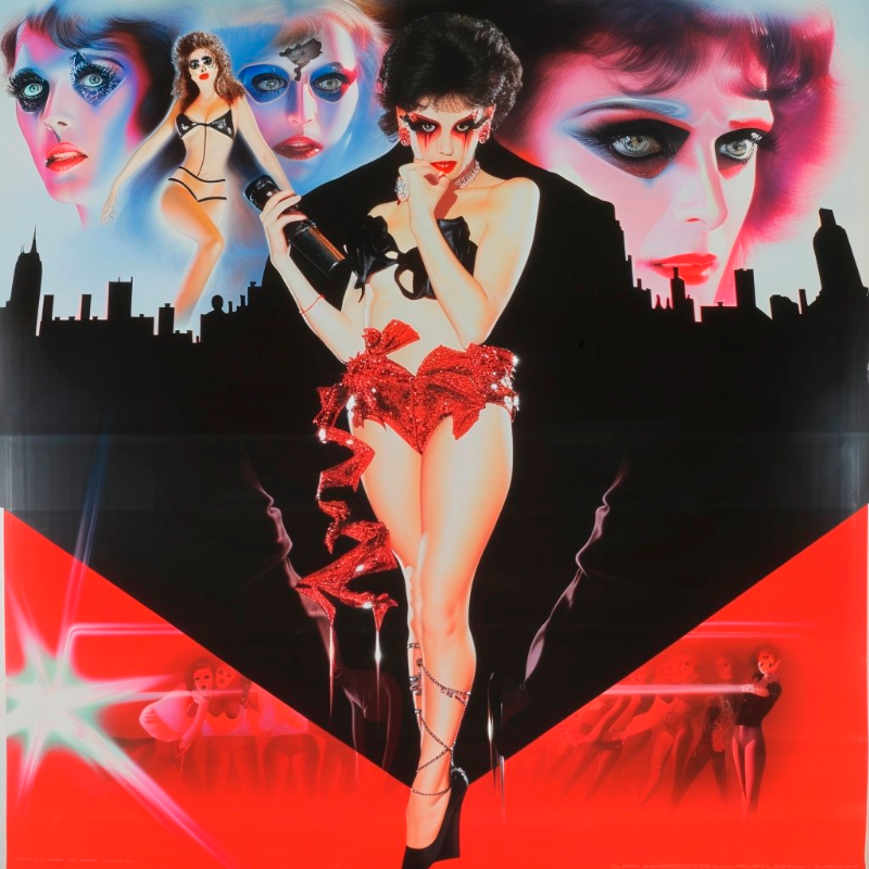 1980s horror movie poster for a film about a burlesque dancer who must escape a horde of angry supermodels