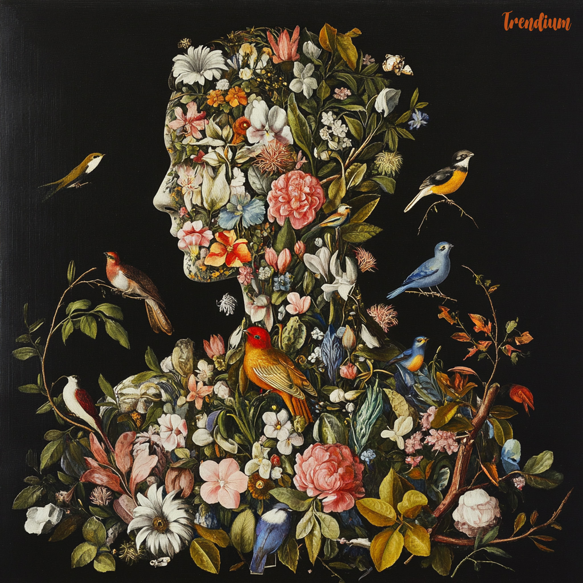 [prompt] Pareidolia art, 16th-century oil painting, a complex portrait of a human form composed of colorful flowers, leaves, branches, and birds, 16th Century Painting Art