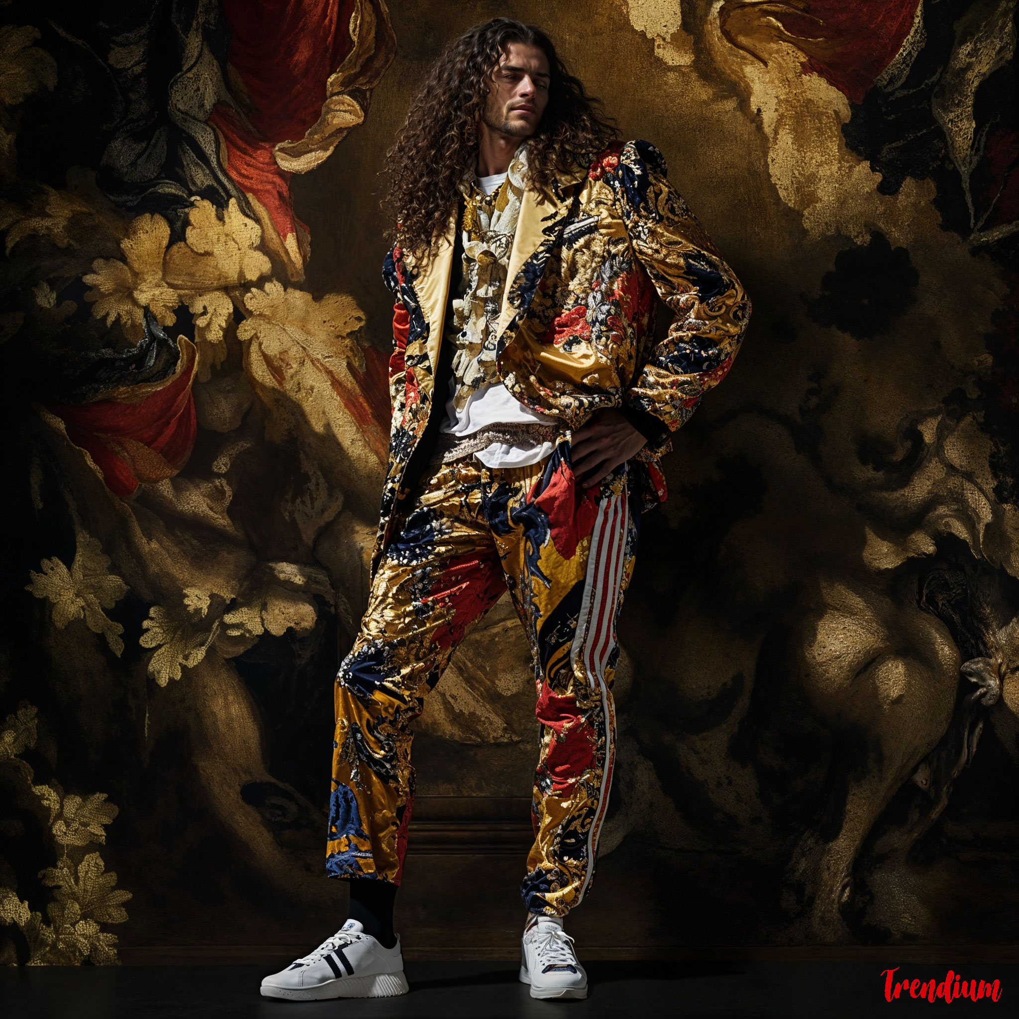 [prompt] Image of Louis XIV with skin, face of the sun king in a jacket and pants designed in a baroque style pattern, Adidas brand, colorful and rich colors, sportswear fashion pictorial, Cinematic