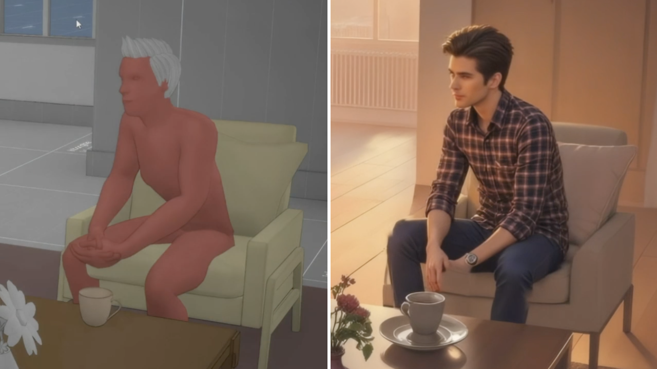 Intangible의 3D 배치 화면 및 AI 영상 결과물 비교