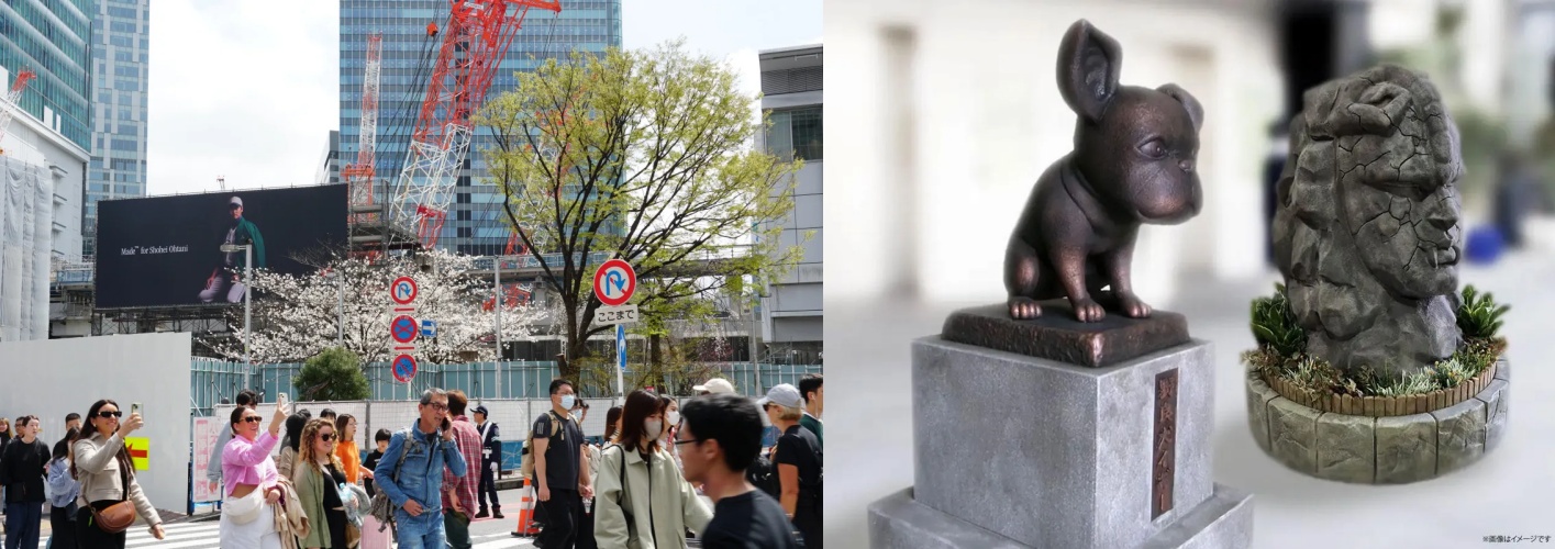 쇼와 3년이라는 건 고도의 경제 성장으로 시부야 역 주변에 도큐 백화점 및 다수의 고층 빌딩이 생겨나고 64년의 도쿄 올림픽을 준비하던 그야말로 거리가 반짝반짝 빛나던 시절이었어요. 그리고 지금은 100년에 한 번이란 재개발로 그 시절의 많은 것들이 사라져가고...도시가 이별을 말하나요? 오른쪽은 '반담 코어 뮤즈먼트'가 '죠죠의 기묘한 모험'의 첫 체험형 숍을 '시부야 파르코'에 오픈하며 그를 기념 두 개의 동상을 시부야에 설치했어요