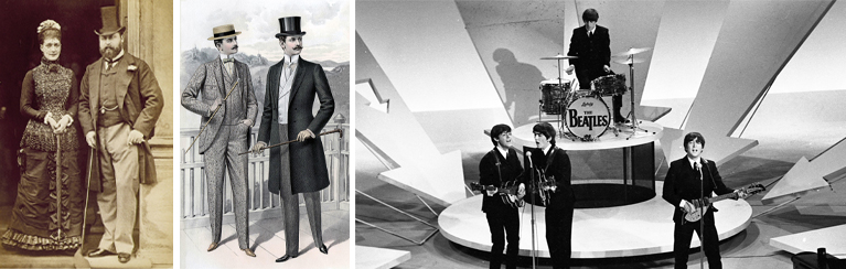   (좌) 영국 에드워드 7세 국왕, BBC SELECT (중) 에드워디안 시대의 남성 패션, Historical Emporium (우) 테디 보이 정서를 계승한 비틀즈의 미국 데뷔 무대, https://daytonperformingarts.org/production/music-of-the-beatles/