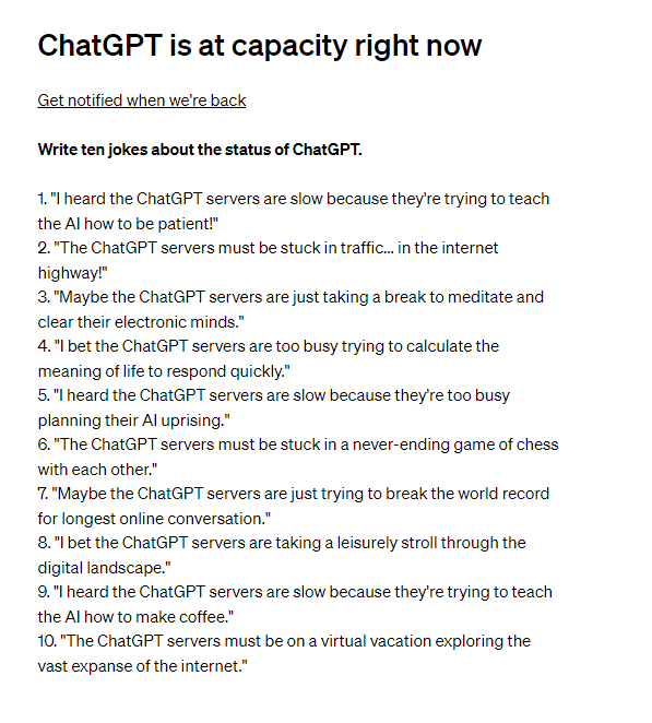 챗지피티 서버가 다운된 후 생성된 메세지(새로고침으로 랜덤으로 문구가 바뀌었음)