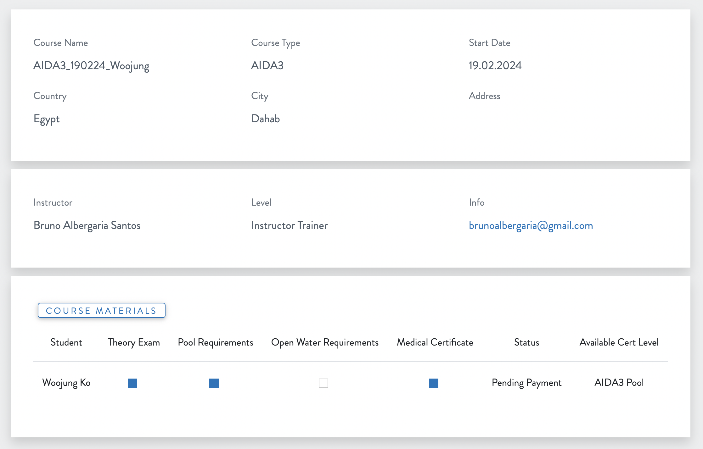 Open water requirements 칸만 비어 있음.
