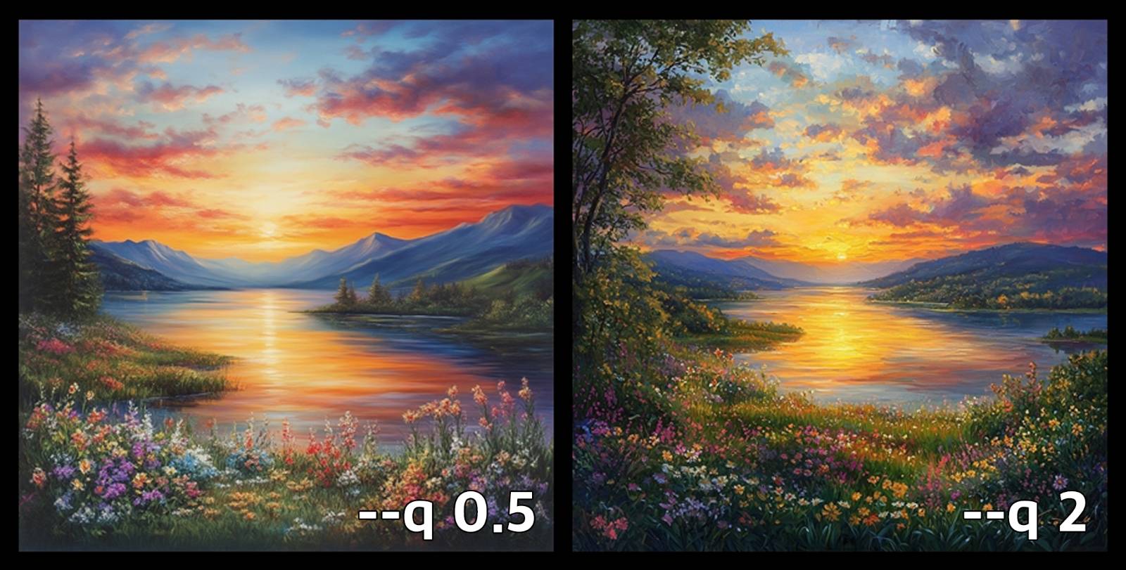 A breathtaking landscape painting depicting a vibrant sunset over a tranquil lake. The sky is filled with a stunning array of colors, from deep oranges and pinks to soft purples, reflecting on the calm water below. In the foreground, lush greenery and wildflowers frame the scene, while distant mountains add depth and majesty to the composition. The overall atmosphere is serene and awe-inspiring, capturing the beauty of nature in a moment of perfect harmony.  --ar 1:1 --style raw --v 6.1