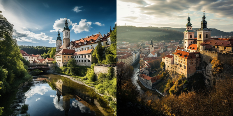 Wide angle shot of Český Krumlov Castle with the castle in the foreground and the town sprawling out in the background, highly detailed, natural lighting