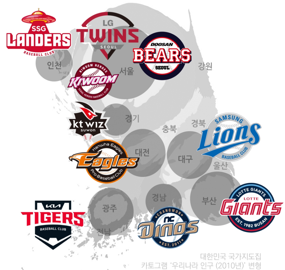 [출처: 탐라 유생의 다락방 블로그] 프로야구 연고지 이미지. 
