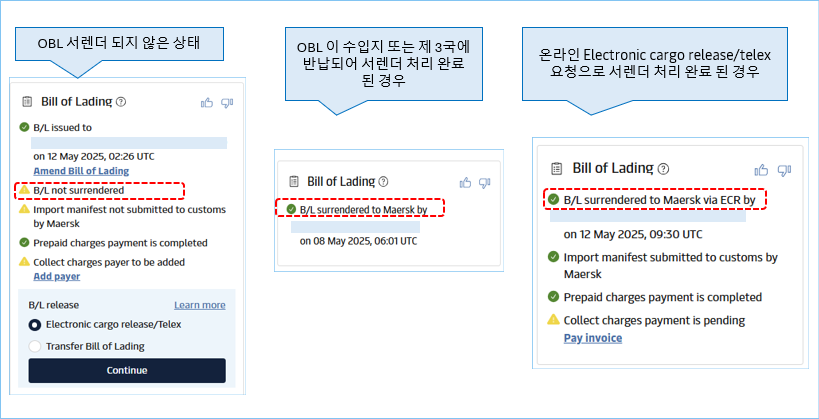 Shipment details의 Bill of Lading 섹션에서 BL 발행 상태 및 서렌더 상태를 확인할 수 있습니다.