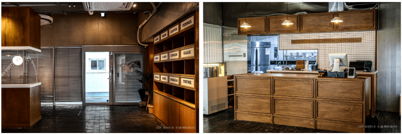 매장 내부, 복도와 대비되는 주방의 색온도/조도 설정