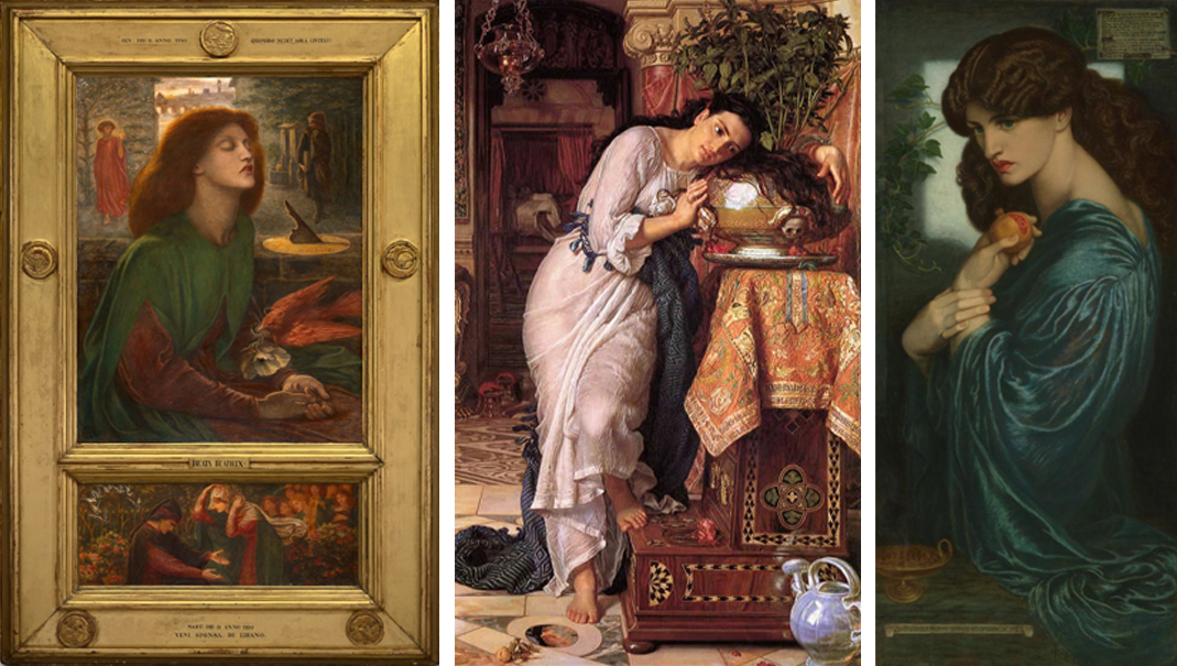 (좌) Beata Beatrix, Dante Gabriel Rossetti, 1864–1870   |   (중) Isabella and the Pot of Basil, William Holman Hunt, 1868   |   (우) Proserpine, Dante Gabriel Rossetti, 1874