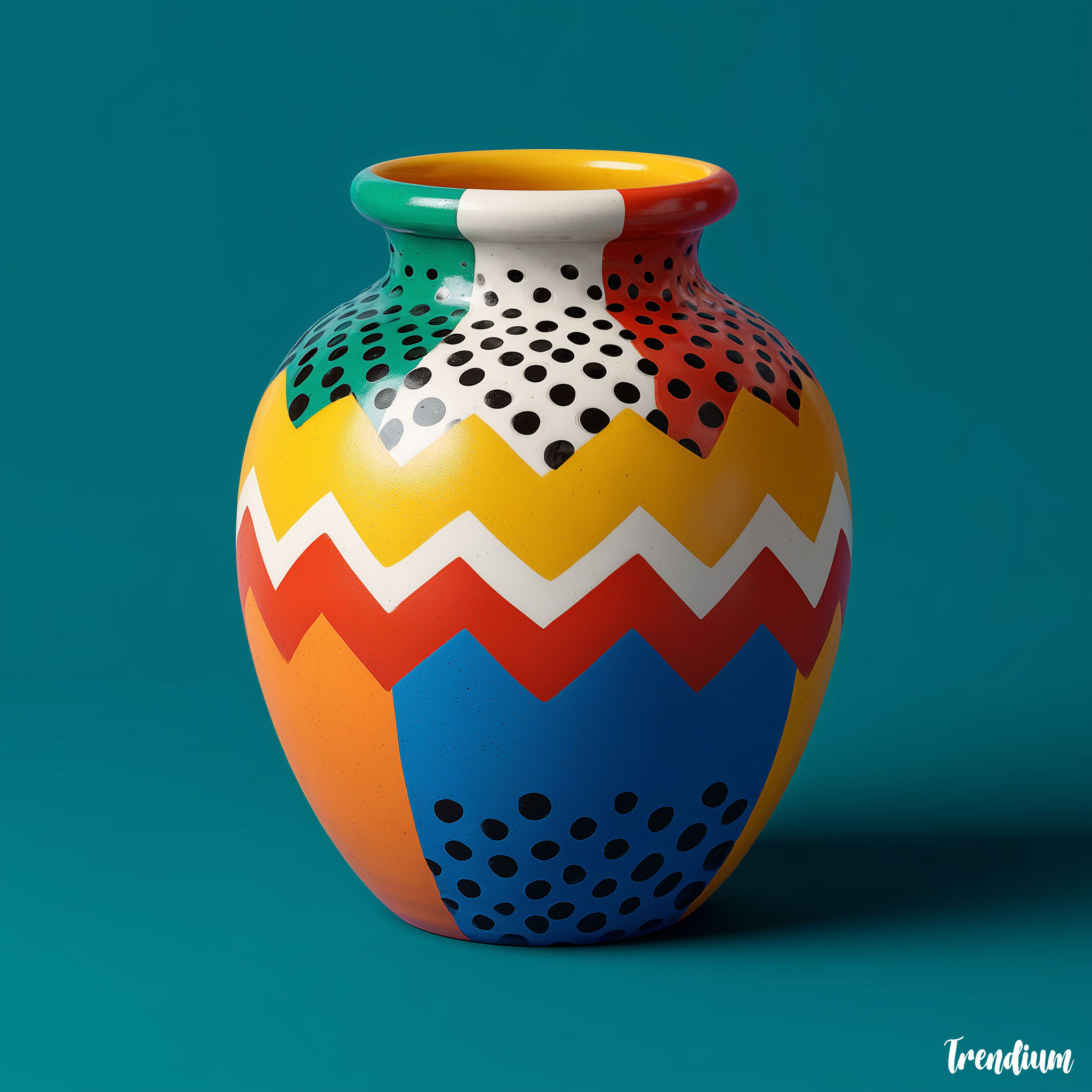 [prompt] ceramic vase in playful Memphis design, zigzag and polka dots, bright color blocking, photorealistic product style --v 7 --stylize 200