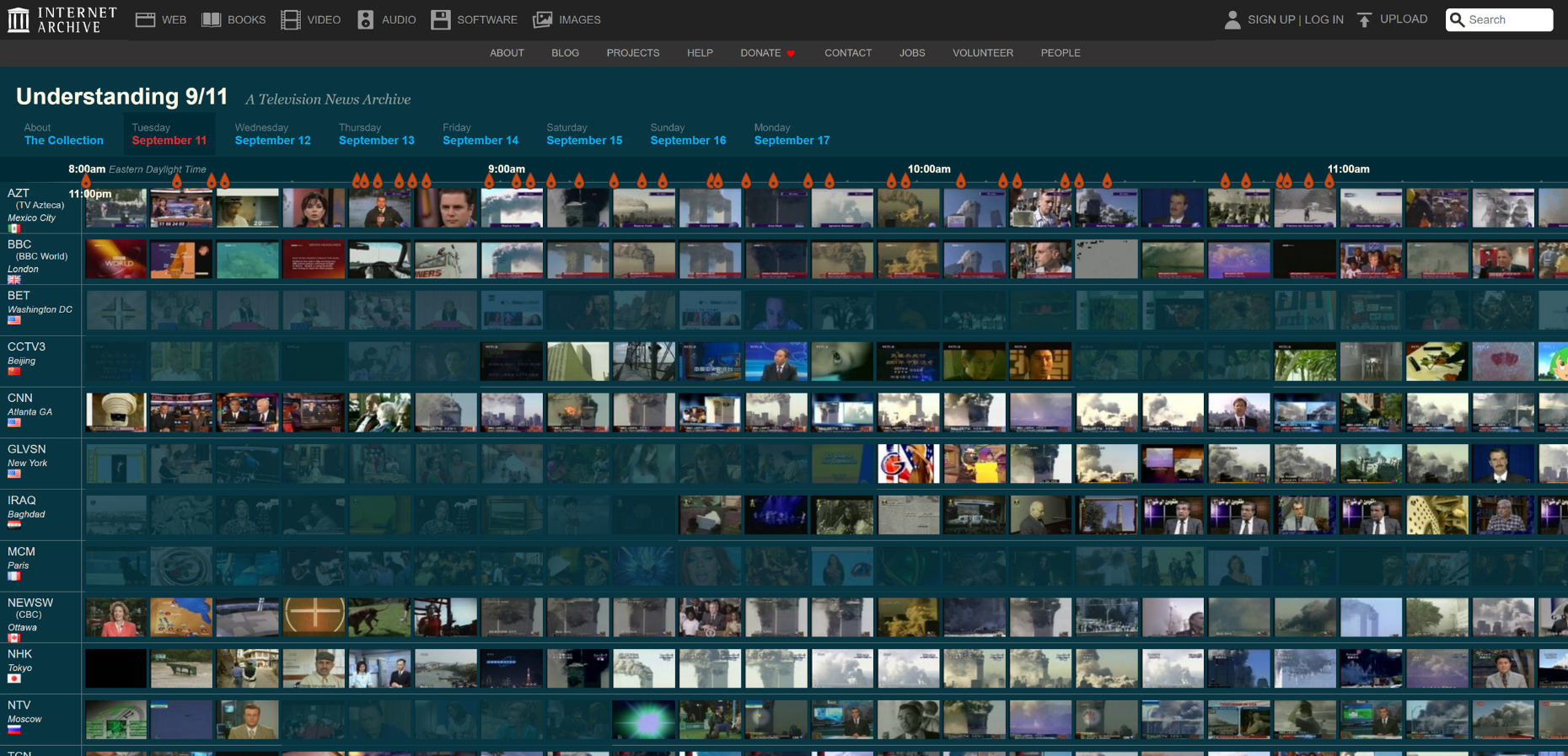 Internet Archive 의 Understanding 9/11 화면 갈무리. 2024.09.10 (https://archive.org/details/911/day/20010911)