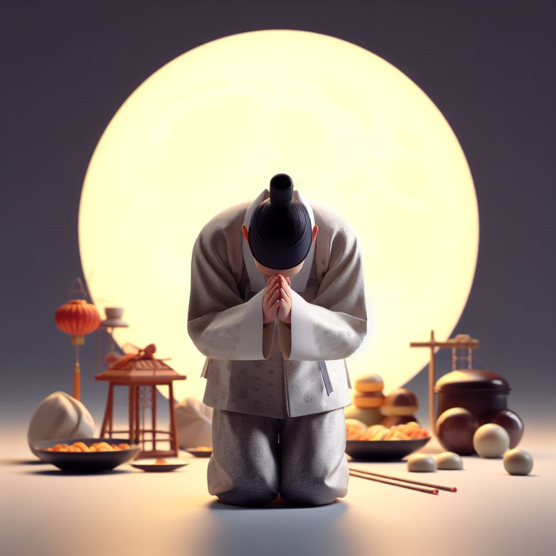 A 3D rendered image that captures the atmosphere of Chuseok, a traditional Korean holiday. The image should feature a man dressed in Hanbok, performing a deep bow as an expression of gratitude. Please make sure to incorporate elements that symbolize Chuseok such as full moon, songpyeon (rice cakes), and other traditional Korean items to fully convey the festive mood. Please avoid any elements that resemble Chinese culture or style.