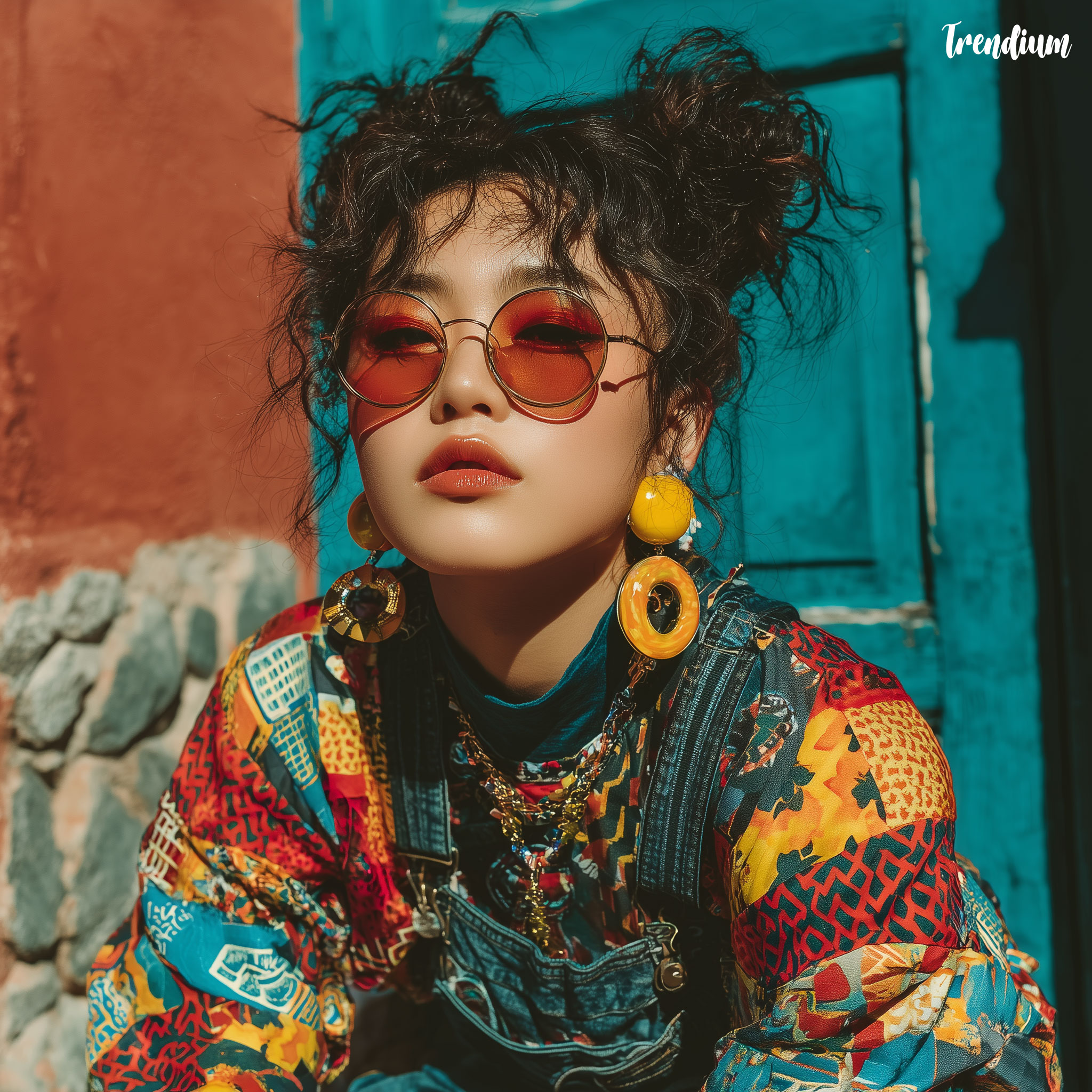 [prompt] A K-pop idol-styled Memphis-inspired fashion editorial featuring geometric patterned clothes, vivid colors, oversized earrings, and a playful, radical mood. --v 7 --stylize 500