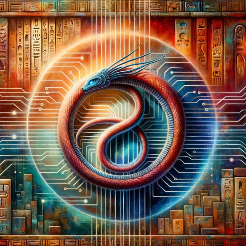 Oil Painting: A reflective portrayal of the Ouroboros, where the traditional serpent is reimagined as a digital wire that connects into itself. The backdrop is a fusion of ancient hieroglyphs and modern circuitry, showcasing the cyclical nature of innovation. Rich colors, deep hues of the past, and vibrant modern shades create a harmonious blend.