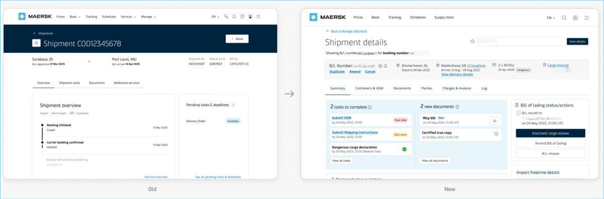 부킹/BL 관련 정보 확인 및 여러 액션을 수행할 수 있는 Shipment details 화면이 오른쪽과 같이 변경됩니다.