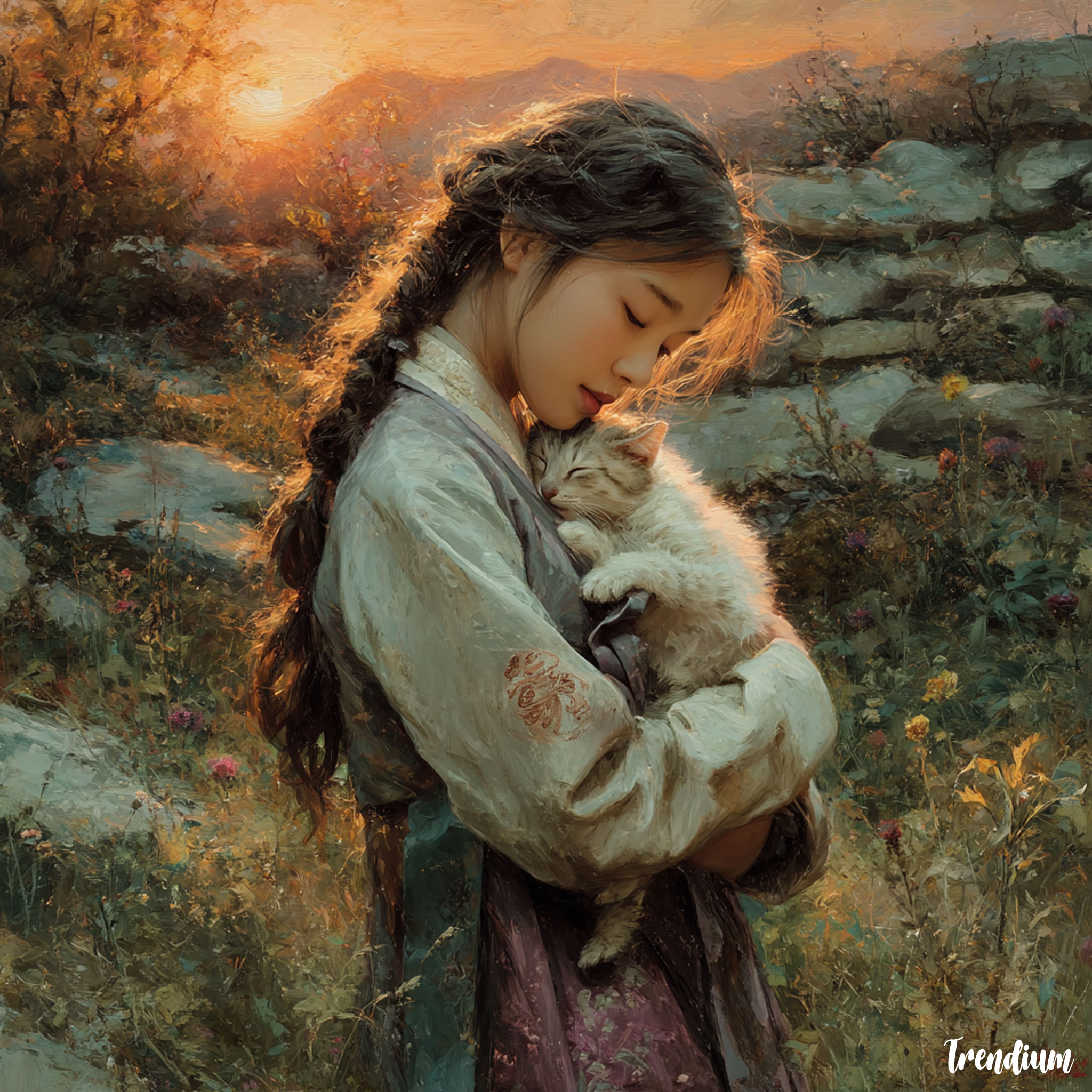 [prompt] A Korean woman and a kitten. pre-Raphaelite romantic style, detailed scenery, soft sunset light, painterly shadows, and gentle brushwork --v 7 --stylize 300