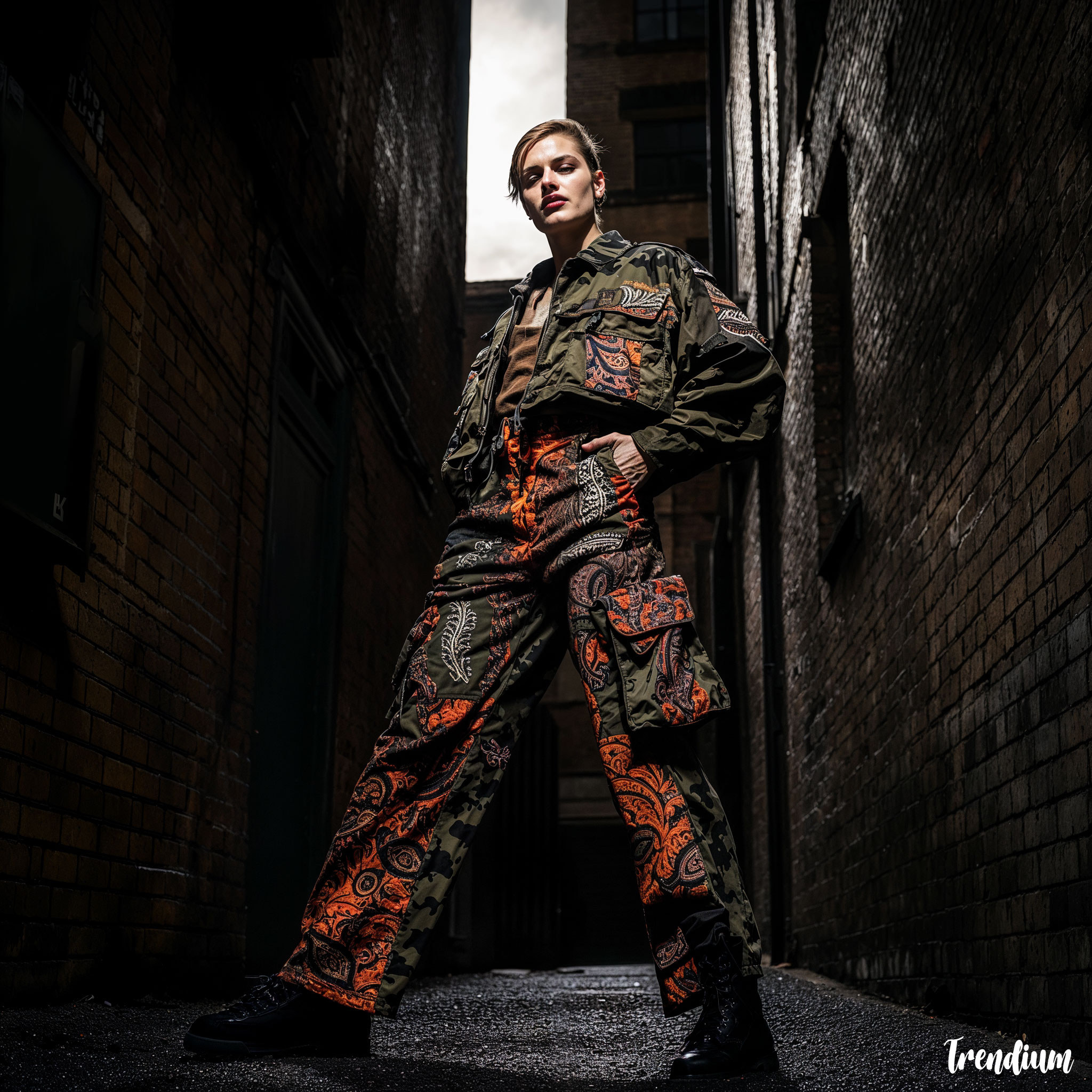 [prompt] A gritty, urban fashion photoshoot featuring a model in a deconstructed military uniform with bold, contrasting paisley patches sewn onto the jacket and trousers, shot in a dimly lit alleyway.