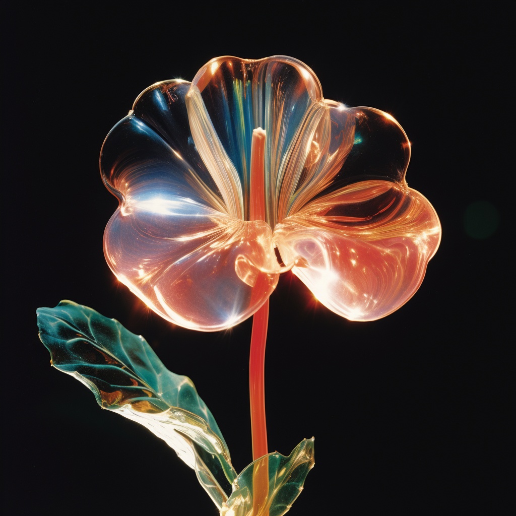 Prompt : 70s auction catalog photography of a glass flower with chromatic light refraction from the sun