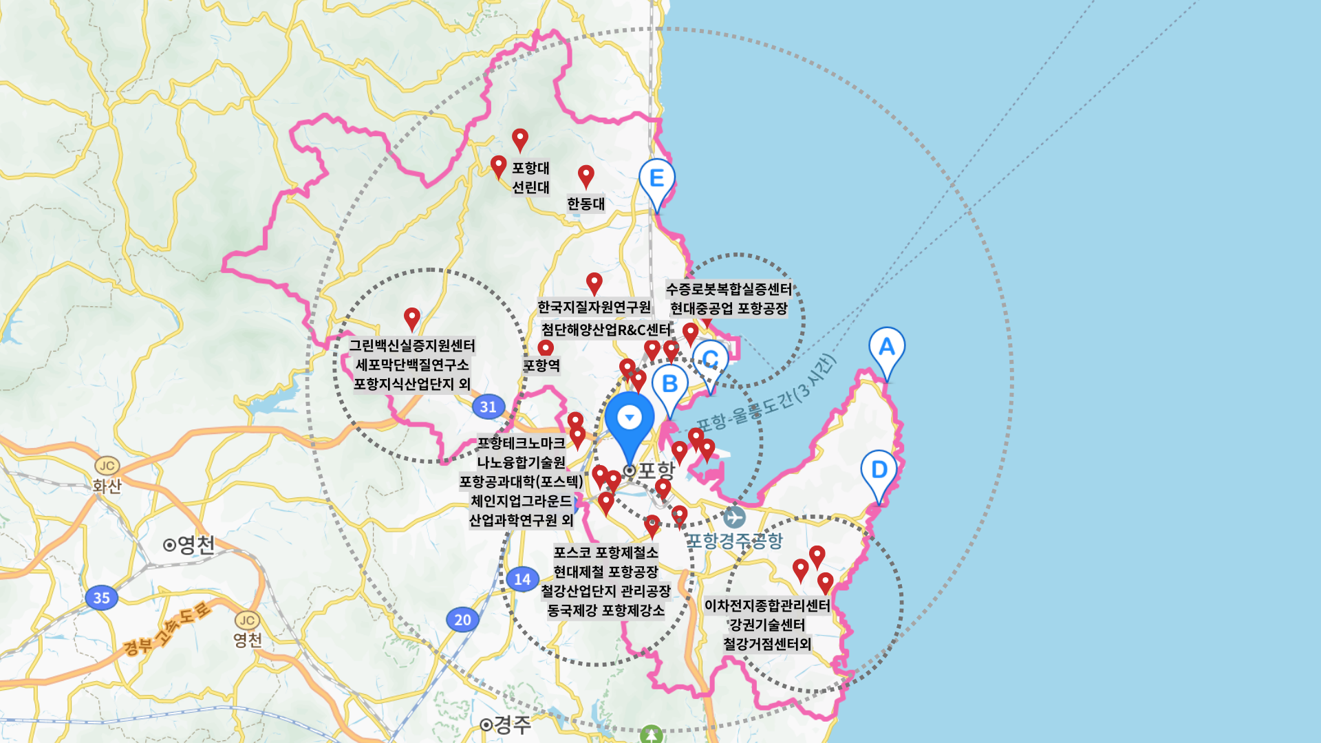 포항 내 주요한 클러스터 현황 지도