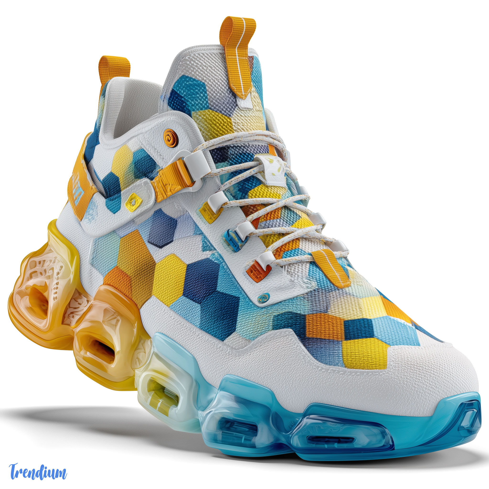 [prompt] Escher-inspired sneaker design, tessellation pattern fabric, optical illusion sole, futuristic streetwear style --style raw --v 7 --stylize 600