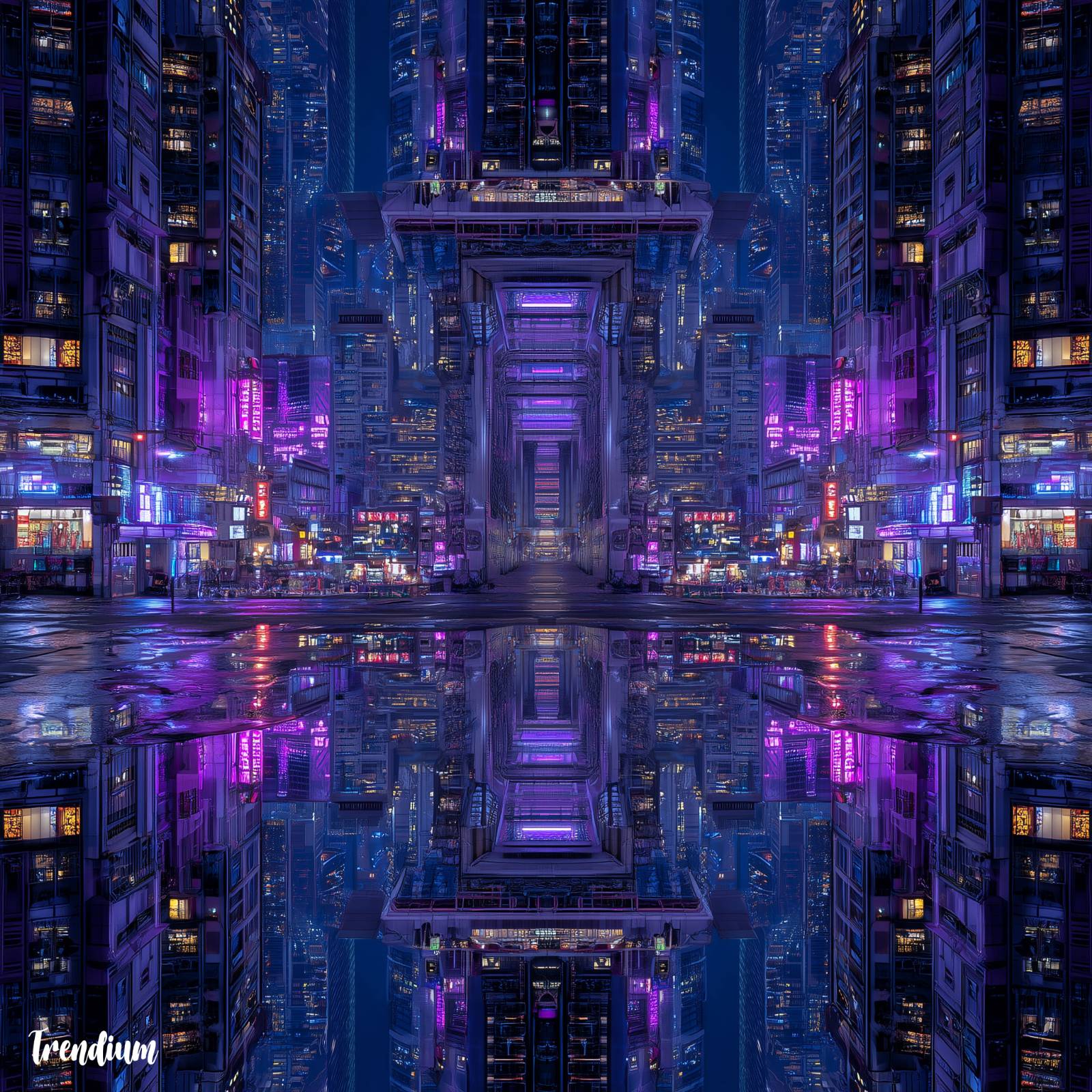 [prompt] Escher-style mirrored symmetry, neon cyber aesthetic, futuristic paradoxical cityscape --v 7