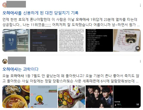 이미지 = 네이버 블로그 검색 캡처 (https://search.naver.com/search.naver?ssc=tab.blog.all&sm=tab_jum&query=오하아사)